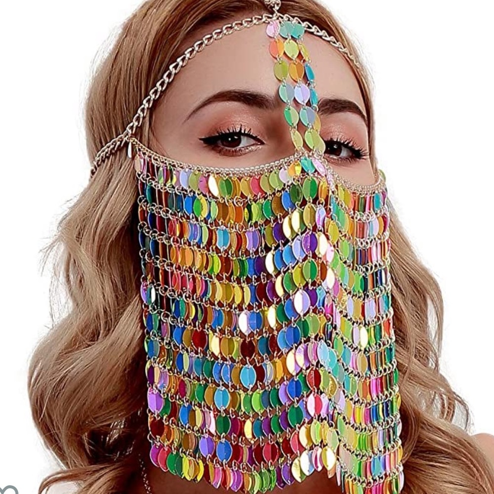 Sequin rainbow metallic face mask shelf glam doll boho festival rave club burner